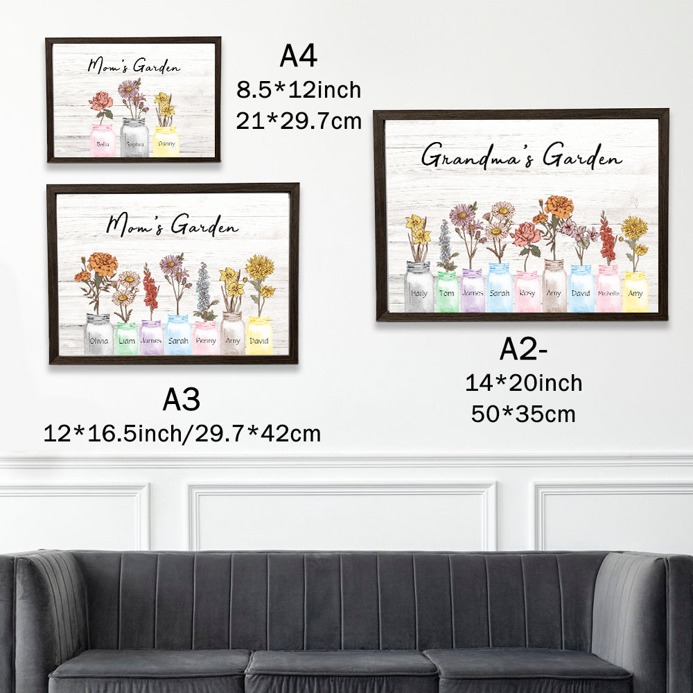 Mom's Garden Names Birth Flower Frame, Jar Vases Art