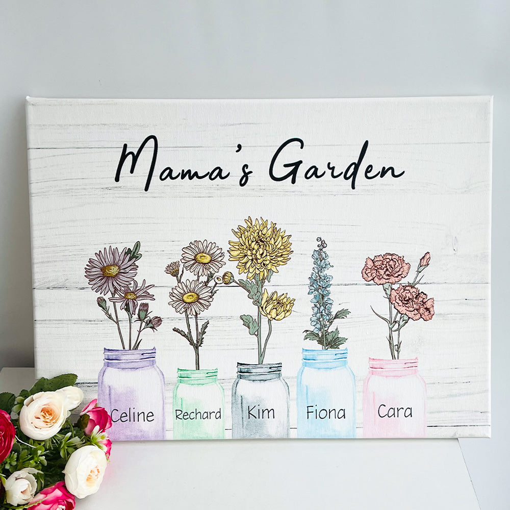 Mom's Garden Names Birth Flower Frame, Jar Vases Art