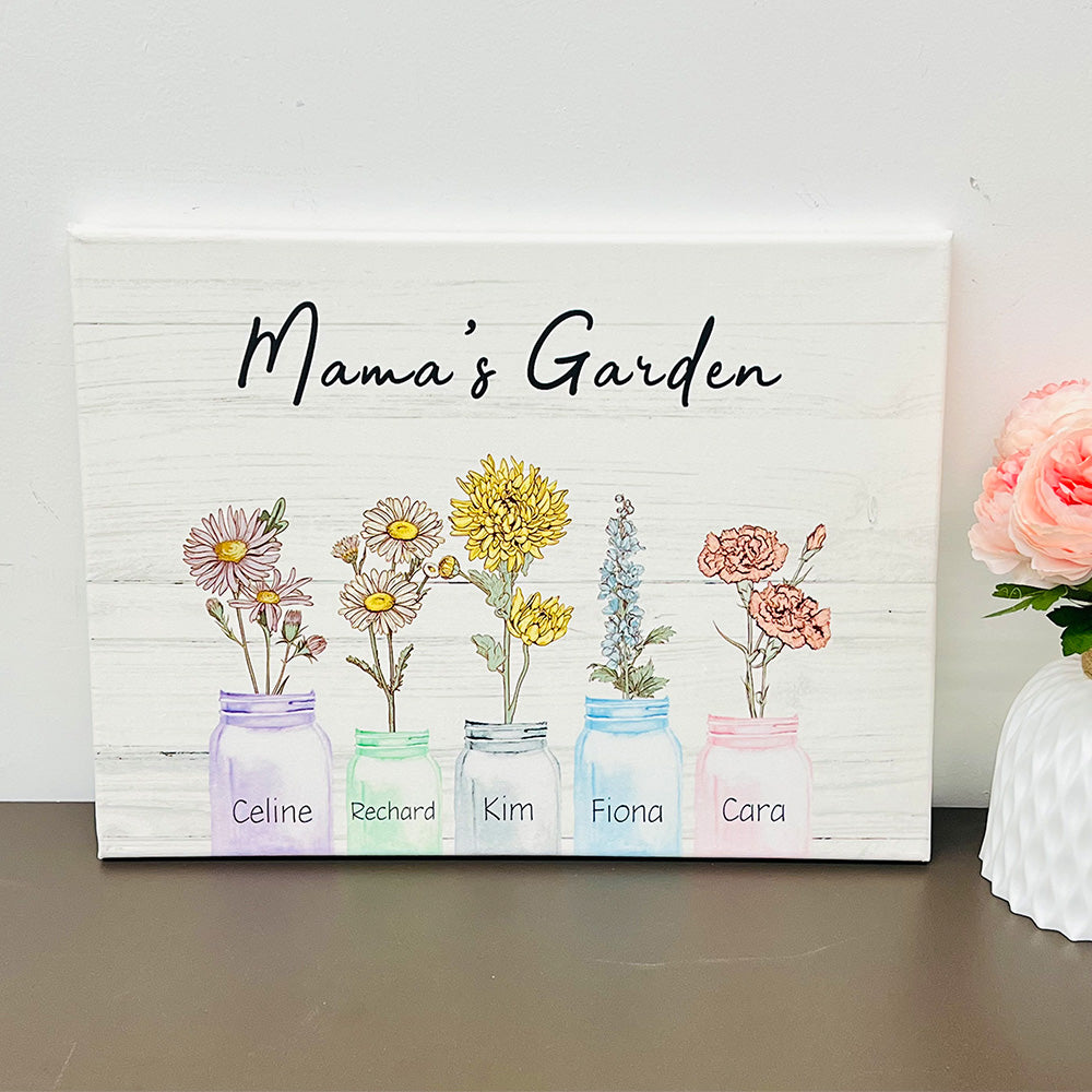 Mom's Garden Names Birth Flower Frame, Jar Vases Art