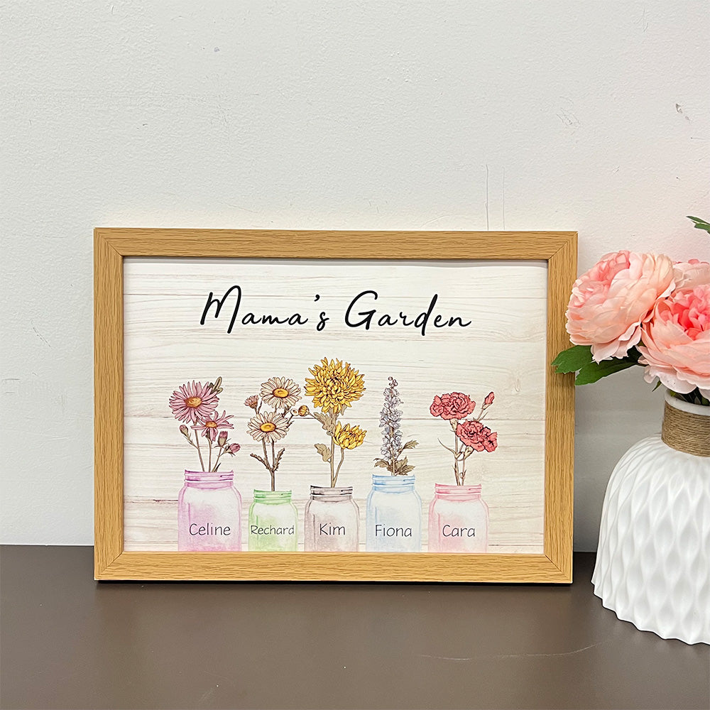 Mom's Garden Names Birth Flower Frame, Jar Vases Art