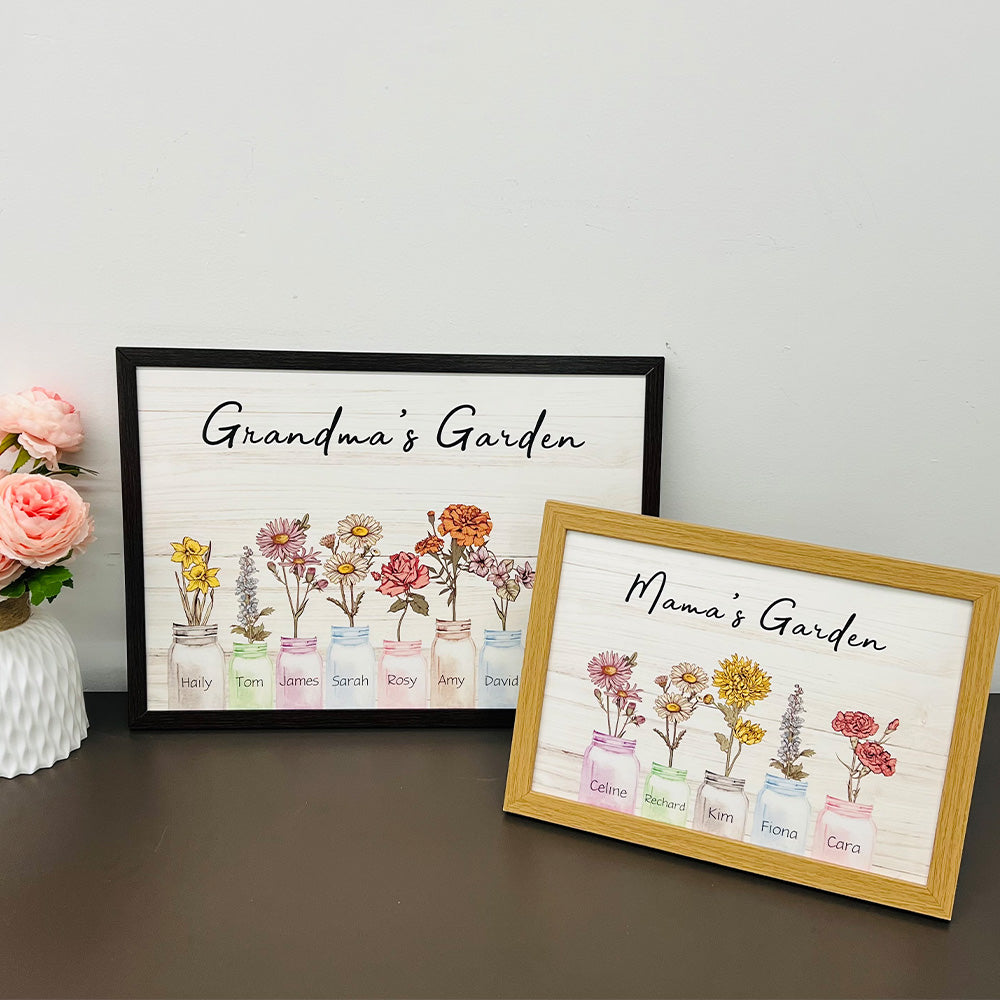 Mom's Garden Names Birth Flower Frame, Jar Vases Art