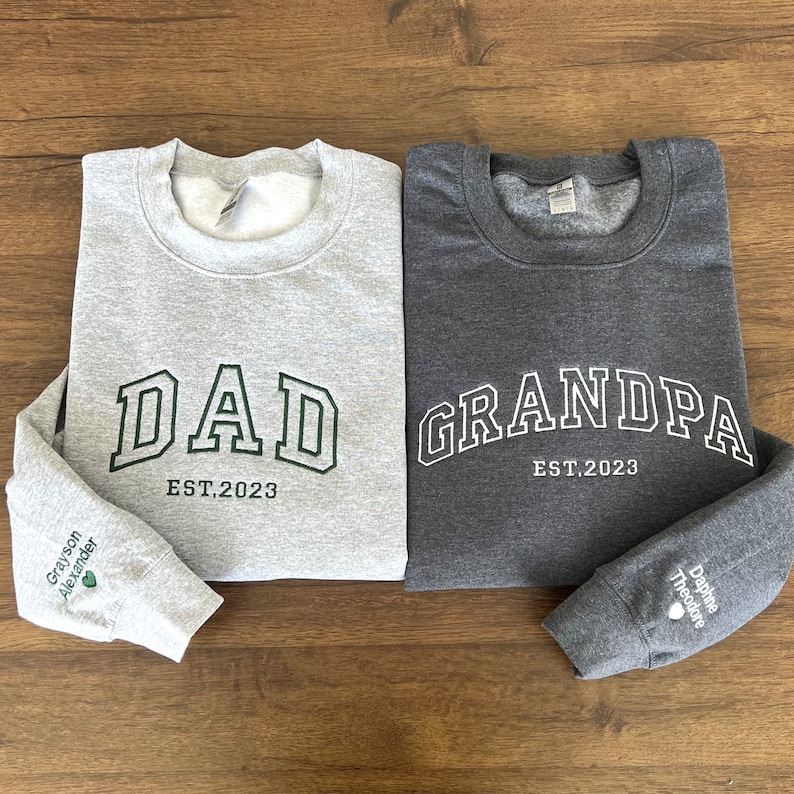 Custom Embroidered Sweatshirt, Name On Sleeve With Heart - Father's Day Gift