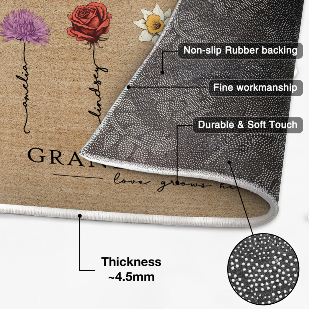 Grandma‘s Garden Love Grows Here Vintage Birth Flowers Swirl Name Personalized Doormat, Mother's Day Gift, Gift For Her, Mom, Grandma
