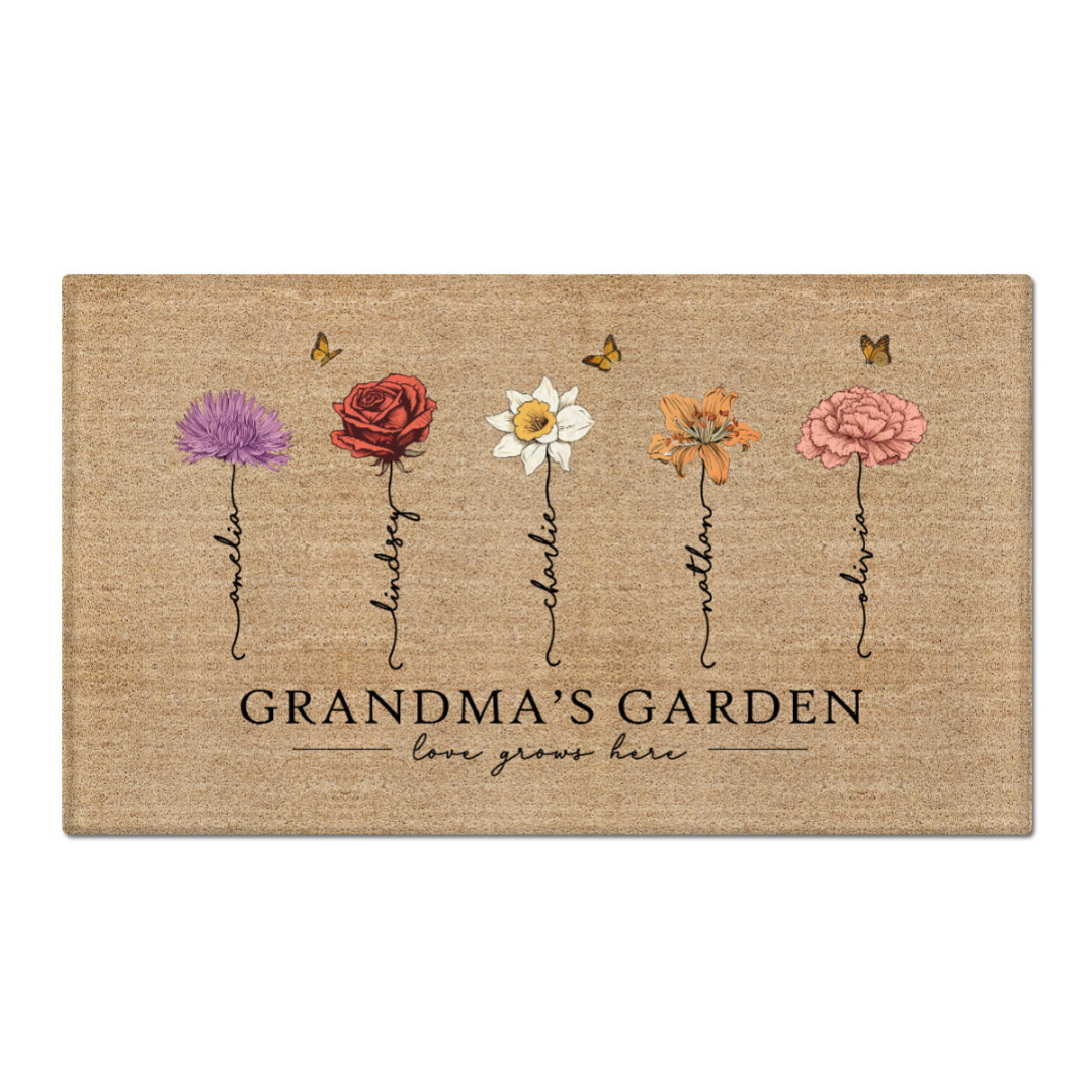 Grandma‘s Garden Love Grows Here Vintage Birth Flowers Swirl Name Personalized Doormat, Mother's Day Gift, Gift For Her, Mom, Grandma