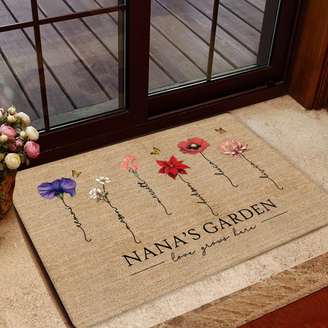 Grandma‘s Garden Love Grows Here Vintage Birth Flowers Swirl Name Personalized Doormat, Mother's Day Gift, Gift For Her, Mom, Grandma