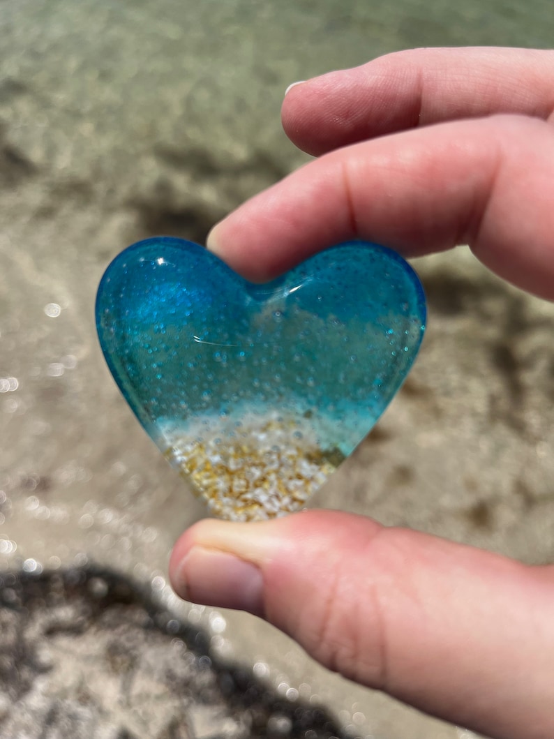 Glass Beach Heart, Pocket Heart, Light Aqua and Turquoise Glass Heart
