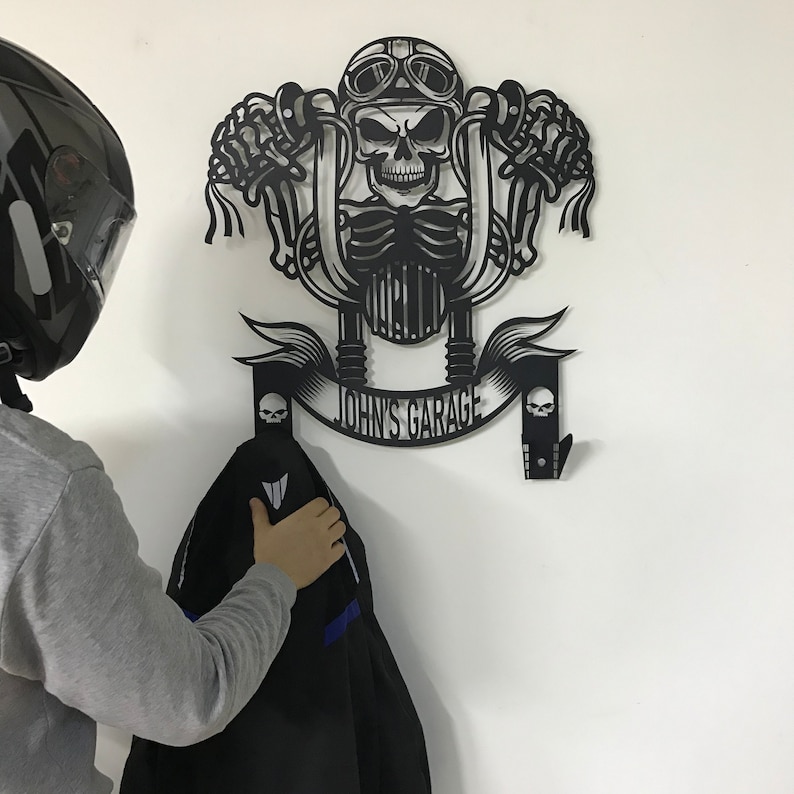 Custom Metal Skull Motorcycle Rider Helmet Jacket Holder, Personalized Biker Gifts