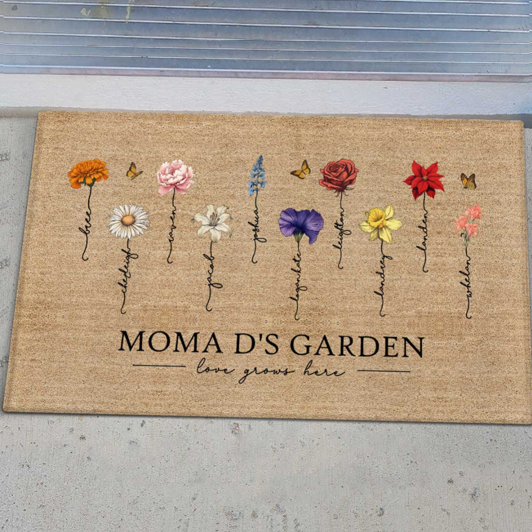 Grandma‘s Garden Love Grows Here Vintage Birth Flowers Swirl Name Personalized Doormat, Mother's Day Gift, Gift For Her, Mom, Grandma