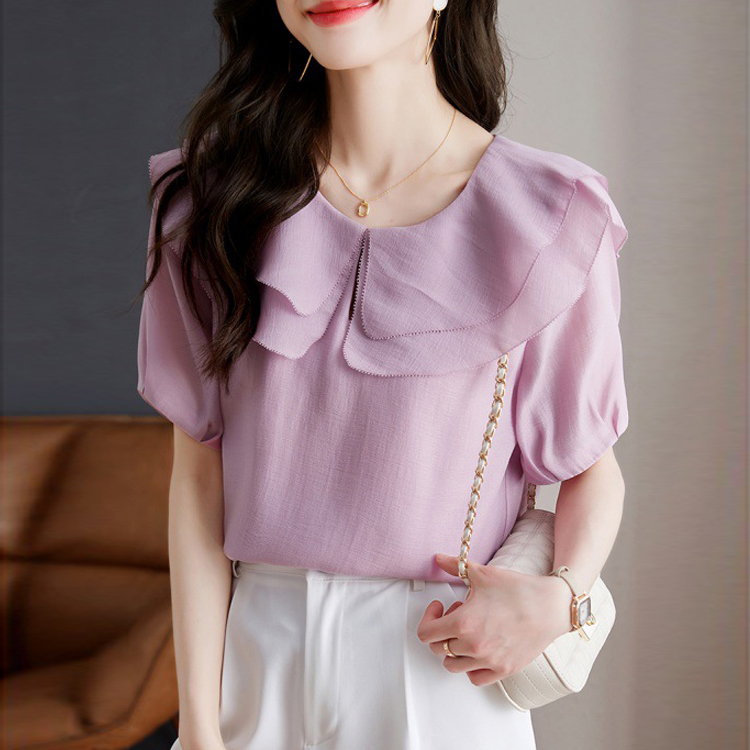 夏季紫色荷葉袖雪紡衫