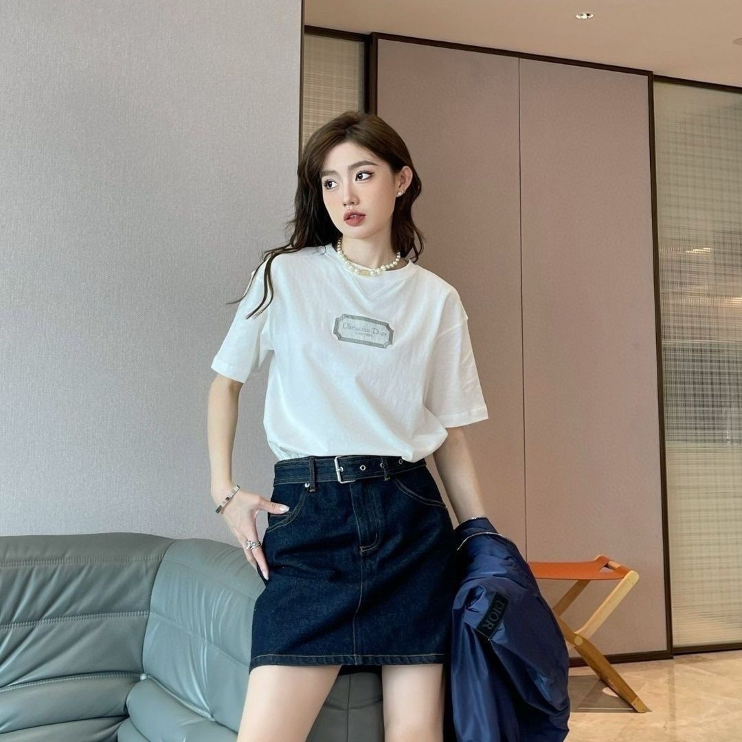 Dl0R 文字刺繍ラウンドネックTシャツ【 50％割引+送料無料】