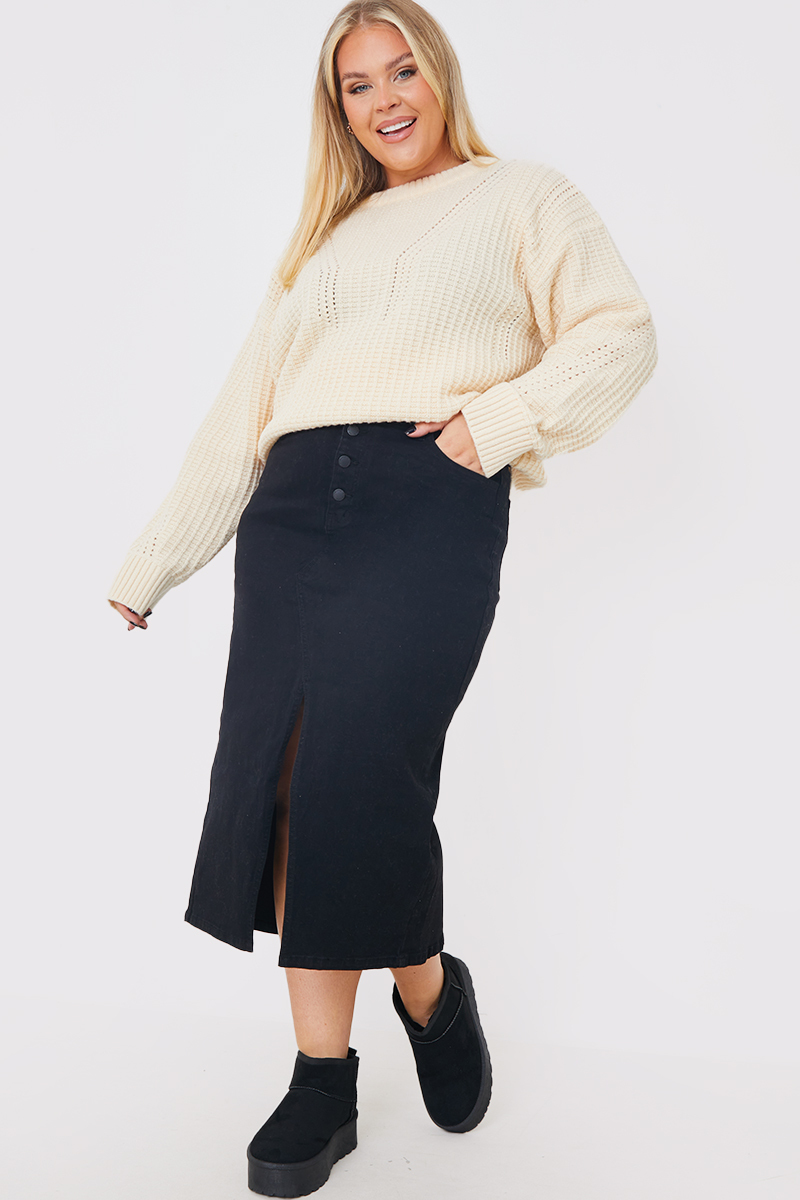 Split Hem Denim Midi Skirt
