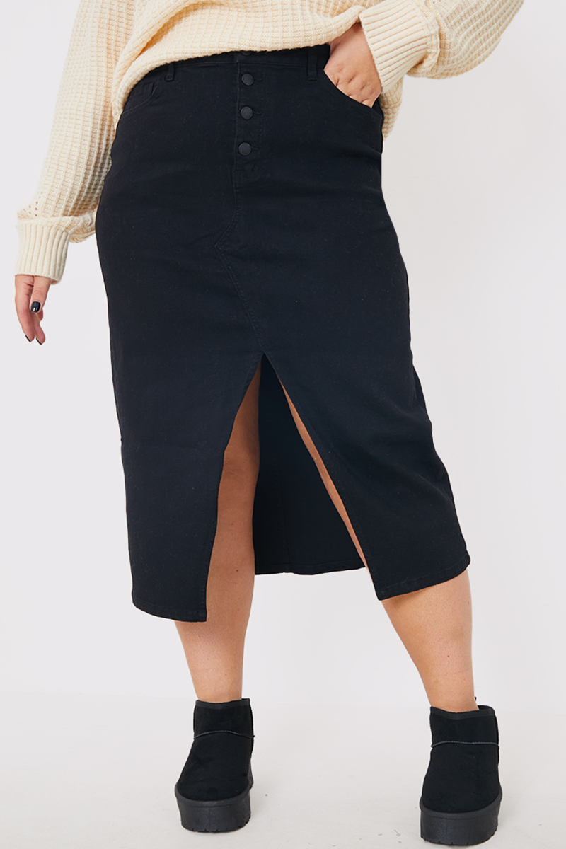 Split Hem Denim Midi Skirt