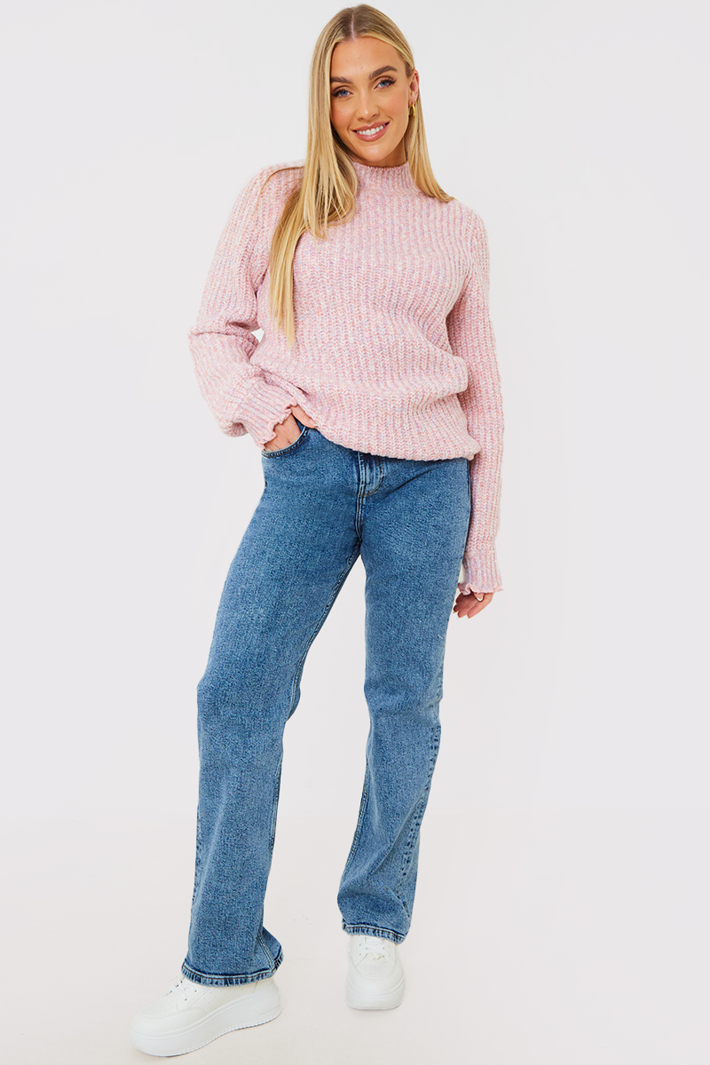 Recycled Space Dye Roll High Neck Jumper With Frill Cuff