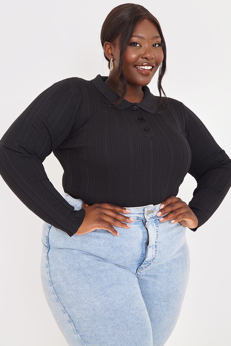 Polo Button Detail Rib Top