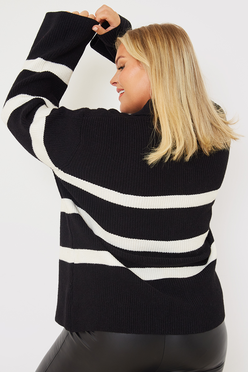 Monochrome Striped Collar Zip Through Jumper