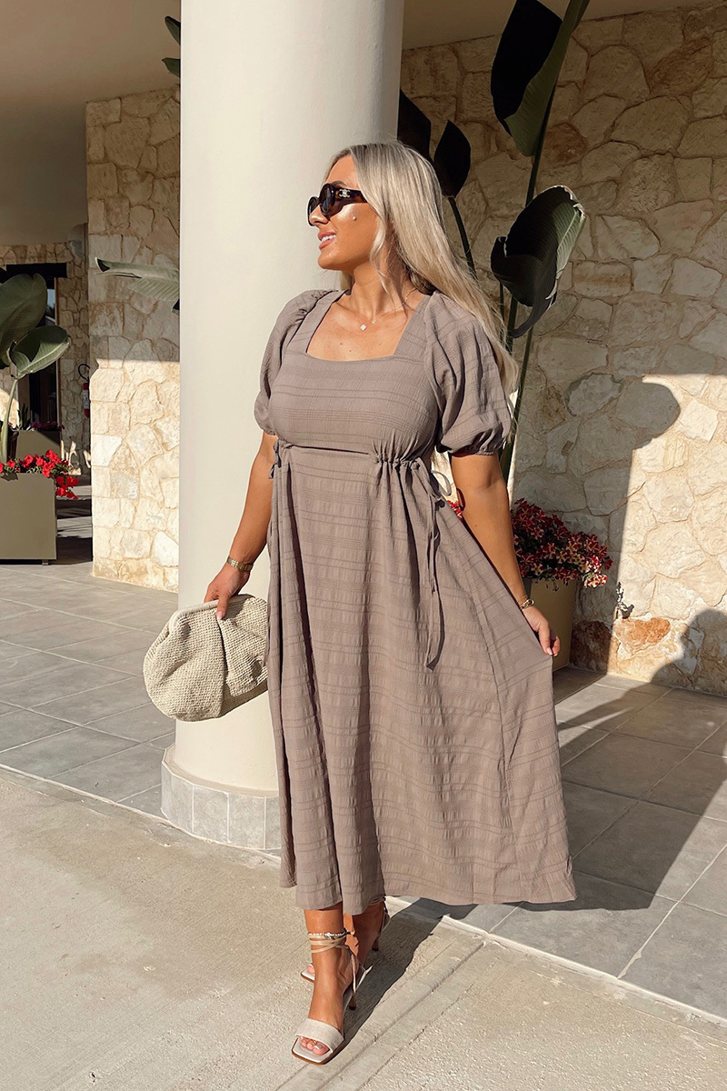 Open Back Puff Sleeve Midi Dress