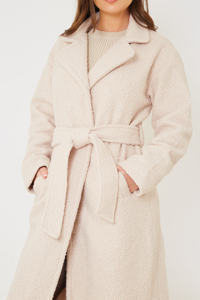 Textured Borg Longline Belted Coat