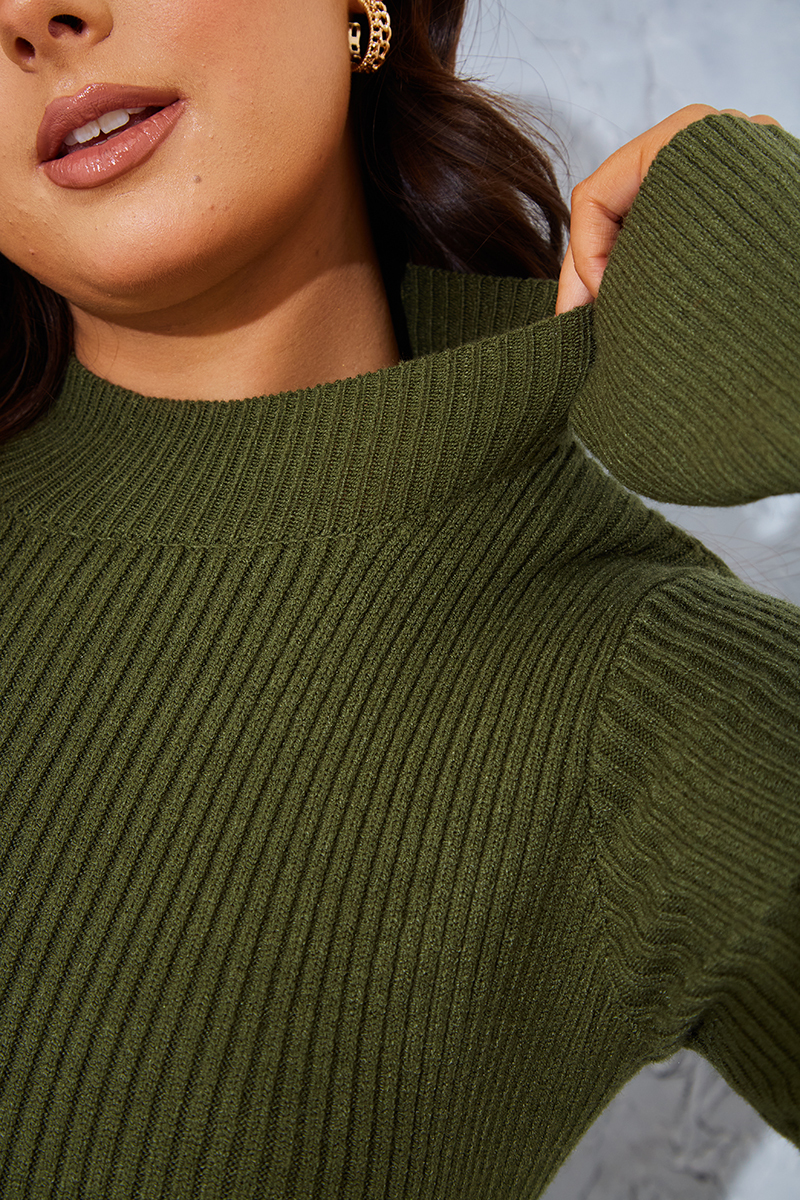 Thick Ribbed High Neck Twist Back Midi Dress