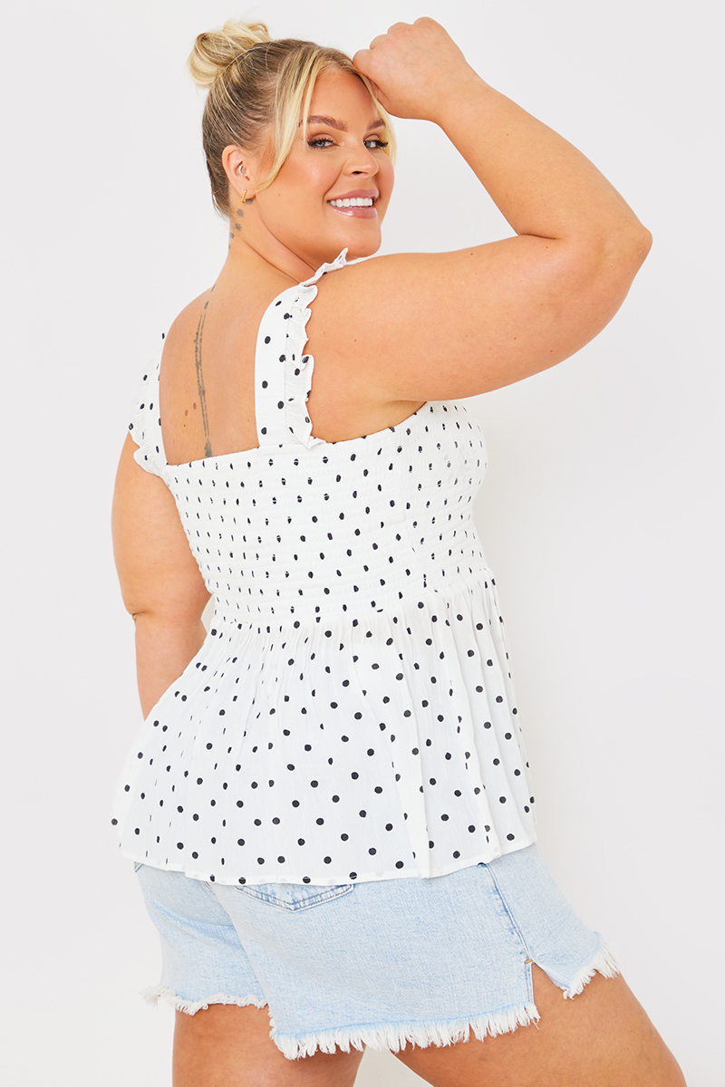 Polka Dot Shirring Peplum Top
