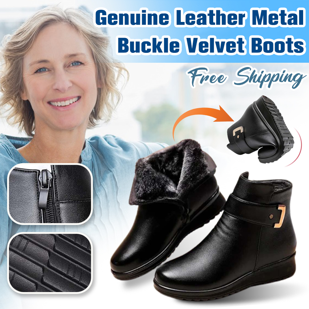 Wearscomfy Genuine Leather Metal Buckle Velvet Boots