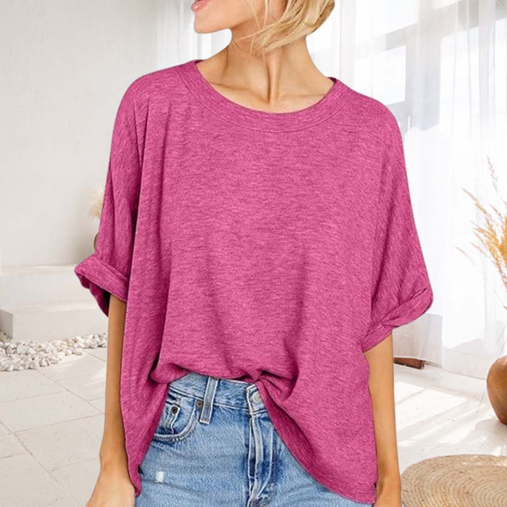 Reemelody Women's round neck mid-sleeve loose casual T-shirt