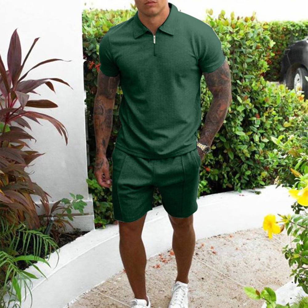 Reemelody Men's Slim Fit Zipper POLO Shirt Casual Shorts Set