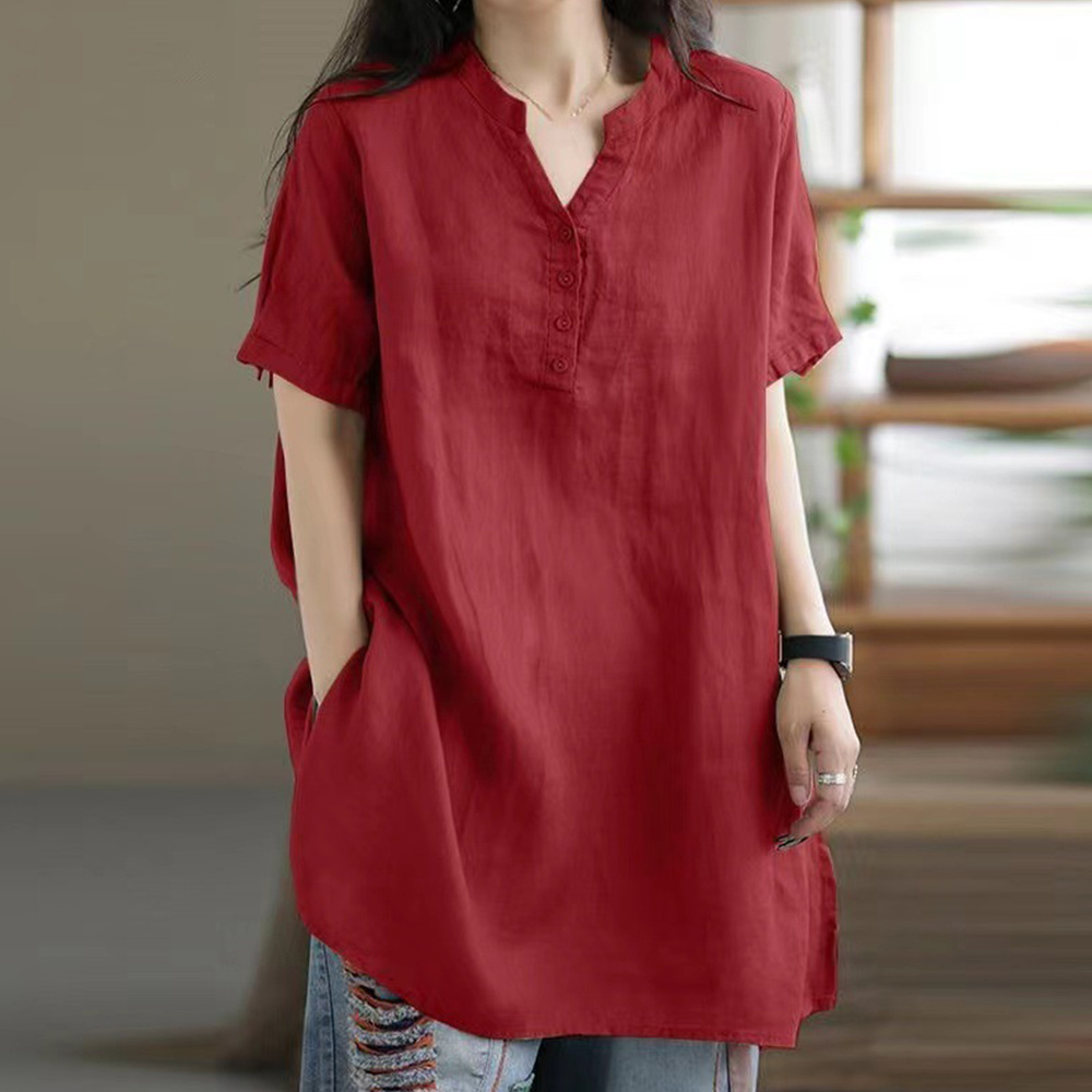 Lightrime Fashionable women's V-neck short-sleeved solid color T-shirt