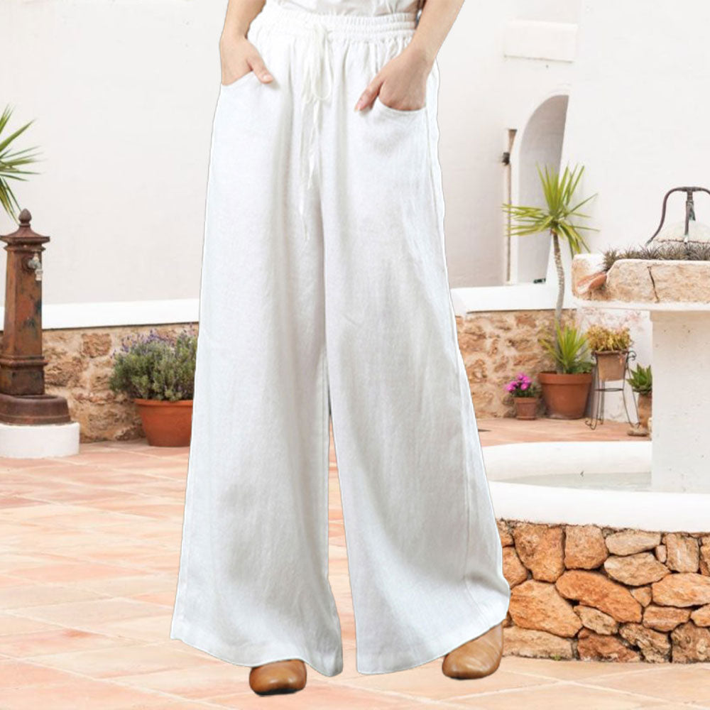 Reemelody Women's cotton and linen high waist wide leg trousers