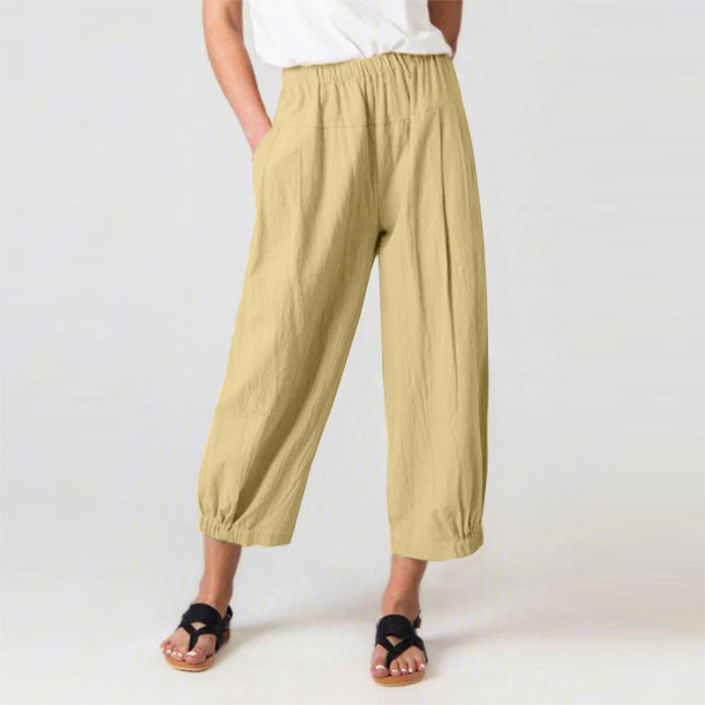 Reemelody Women's fashionable cotton and linen loose ninth pants
