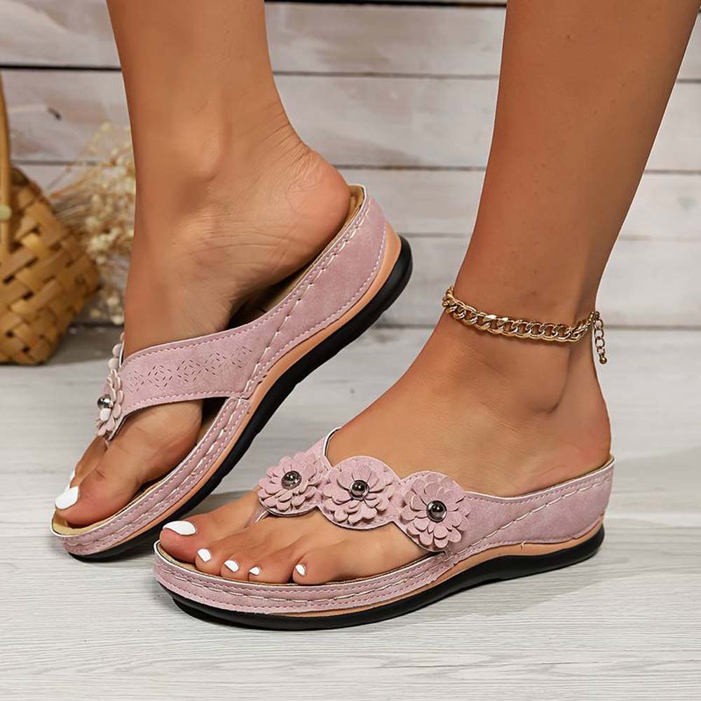 Reemelody Women's floral wedge flip flops casual sandals