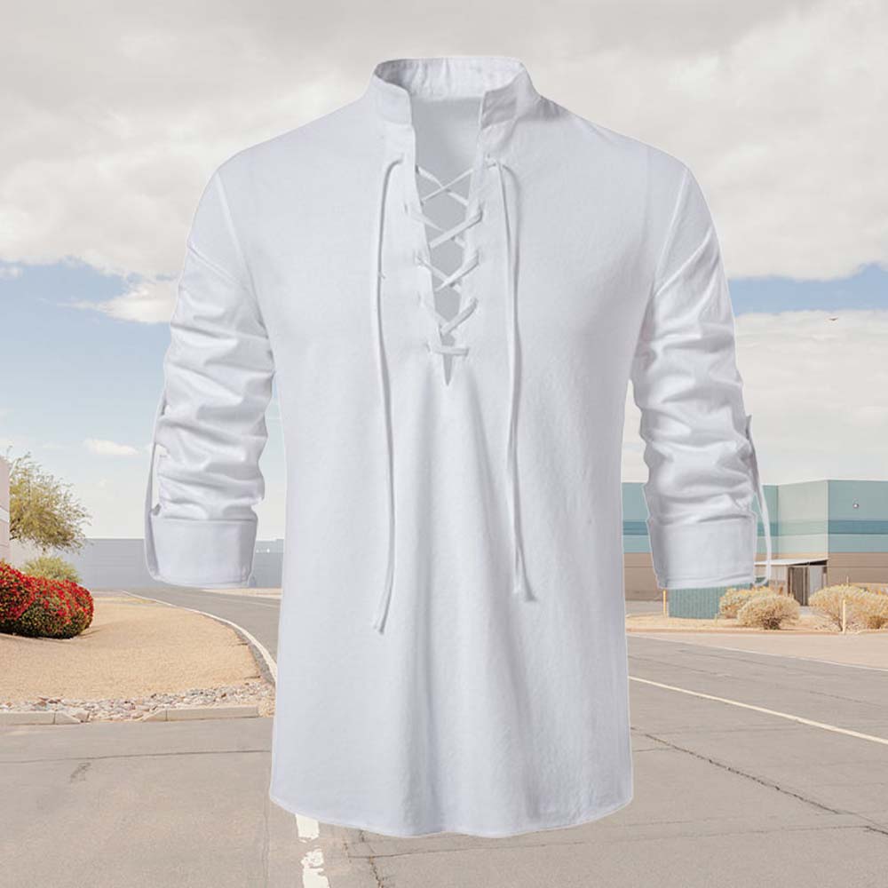 Reemelody Men's lace-up stand-collar long-sleeved cotton and linen top