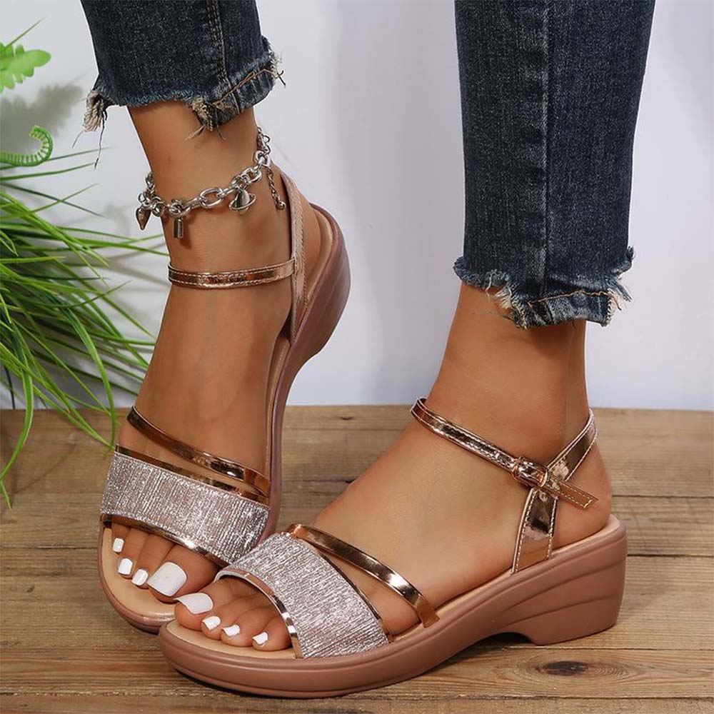 Reemelody Women's new glitter strappy wedge fashion sandals