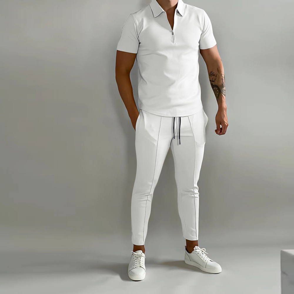 Reemelody Men's zipper POLO shirt + trousers sports suit