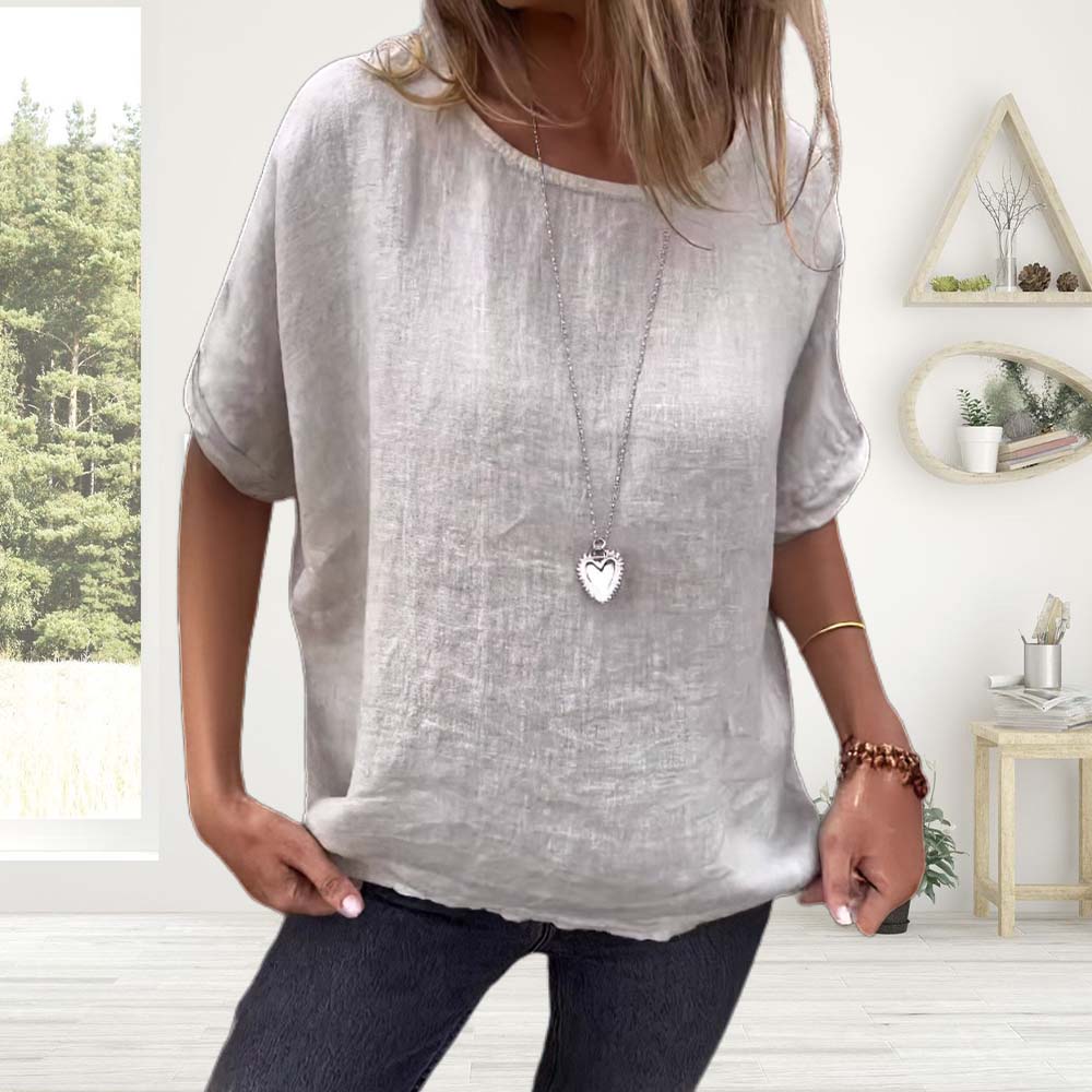 Reemelody Women's new round neck mid-sleeve cotton and linen loose top