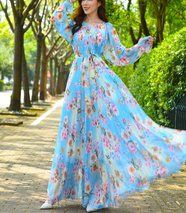 Maxi2 Dress Floral Printed  Loose Chiffon Fashion Abaya Islamic Clothes Muslim Female Saudi Arabia Dubai Kaftan Long Dress Summer