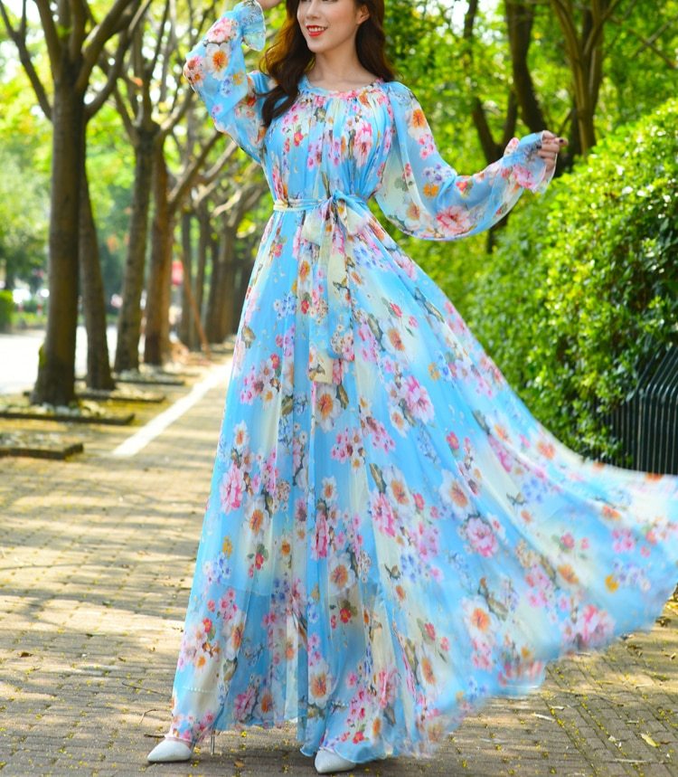 Maxi2 Dress Floral Printed  Loose Chiffon Fashion Abaya Islamic Clothes Muslim Female Saudi Arabia Dubai Kaftan Long Dress Summer