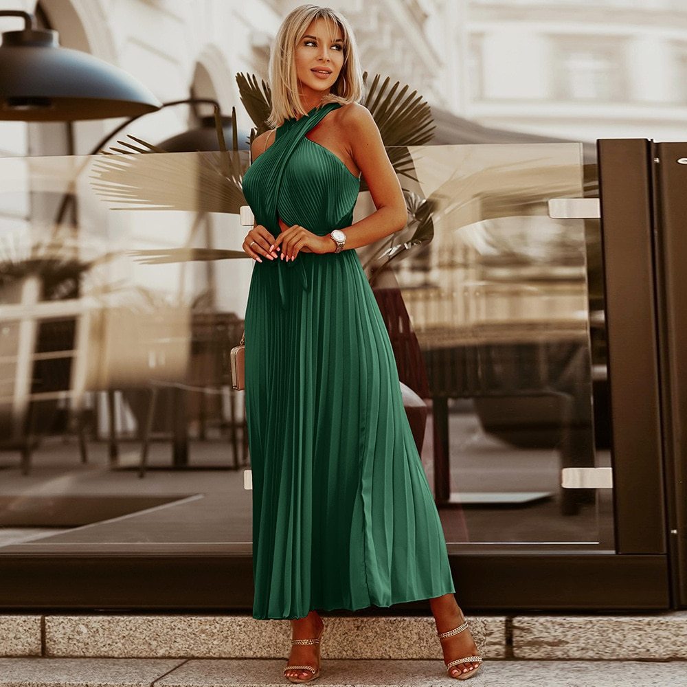 Elegant Solid Sleeveless Chiffon Long Women Summer Pleated Dresses 2022 New Chic Ladie Party Evening Dress