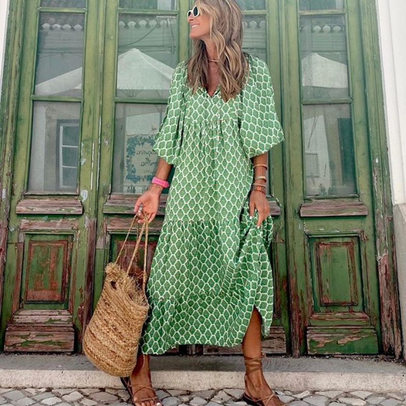 Boho Loose Maxi Dress Women Elegant Summer 2022 Geometric Ankle-length V-Neck Puff Sleeve Holiday Beach Dresses Party Vestidos