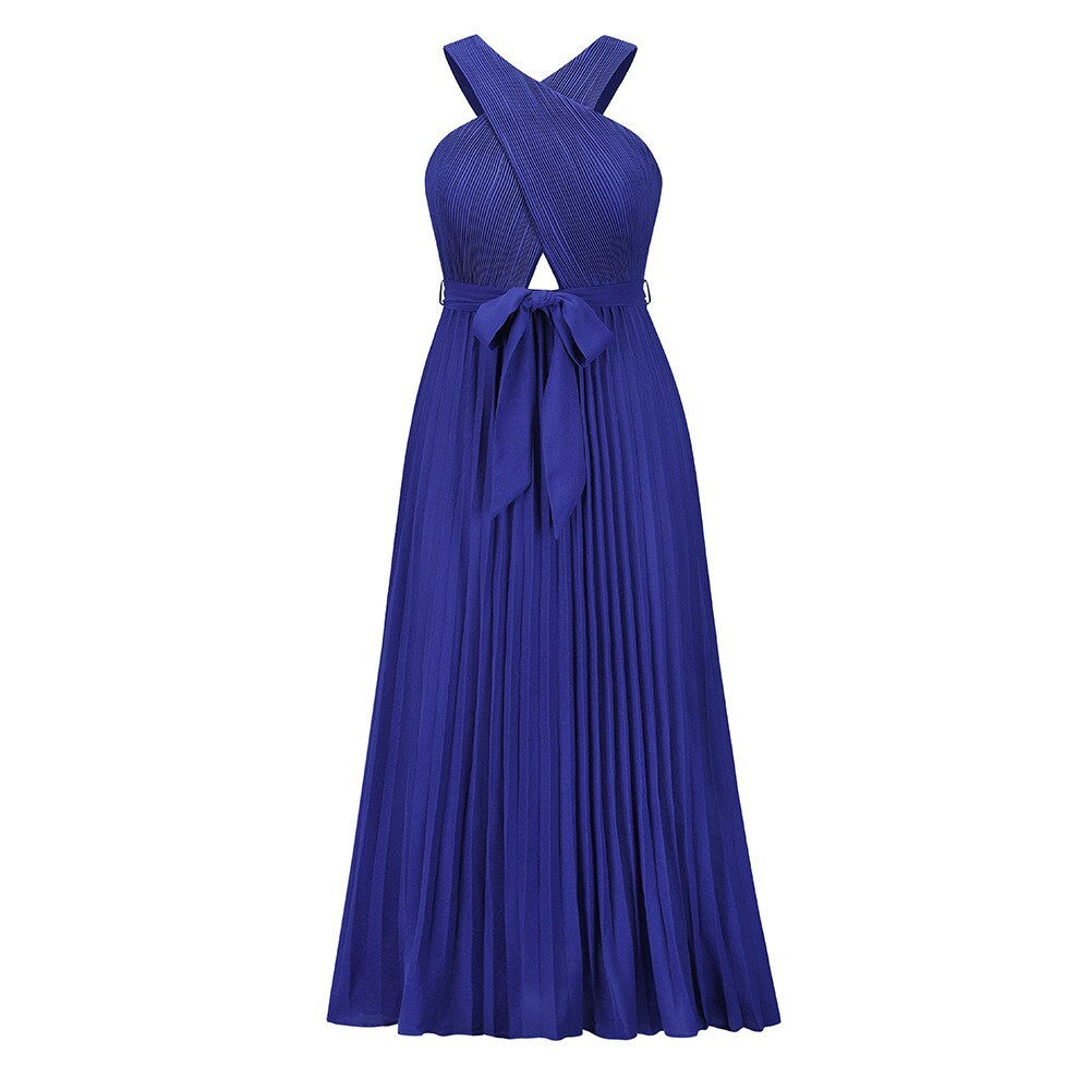 Elegant Solid Sleeveless Chiffon Long Women Summer Pleated Dresses 2022 New Chic Ladie Party Evening Dress