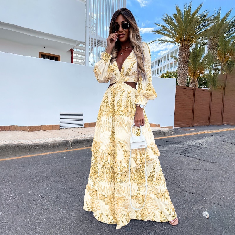 Bohemia Floral Long Dress Women Elgeant Summer 2022 Sexy V-Neck Backless Hollow Holiday Party Club Beach Maxi Dresses Vintage