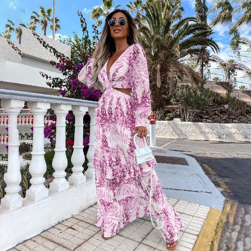 Bohemia Floral Long Dress Women Elgeant Summer 2022 Sexy V-Neck Backless Hollow Holiday Party Club Beach Maxi Dresses Vintage