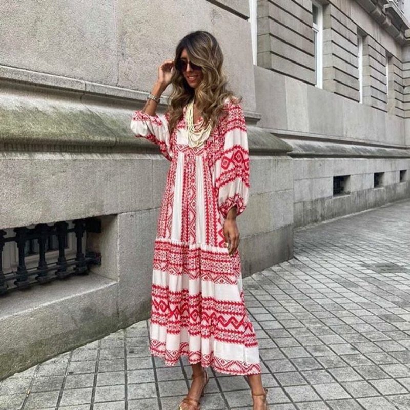 Boho Loose Maxi Dress Women Elegant Summer 2022 Geometric Ankle-length V-Neck Puff Sleeve Holiday Beach Dresses Party Vestidos