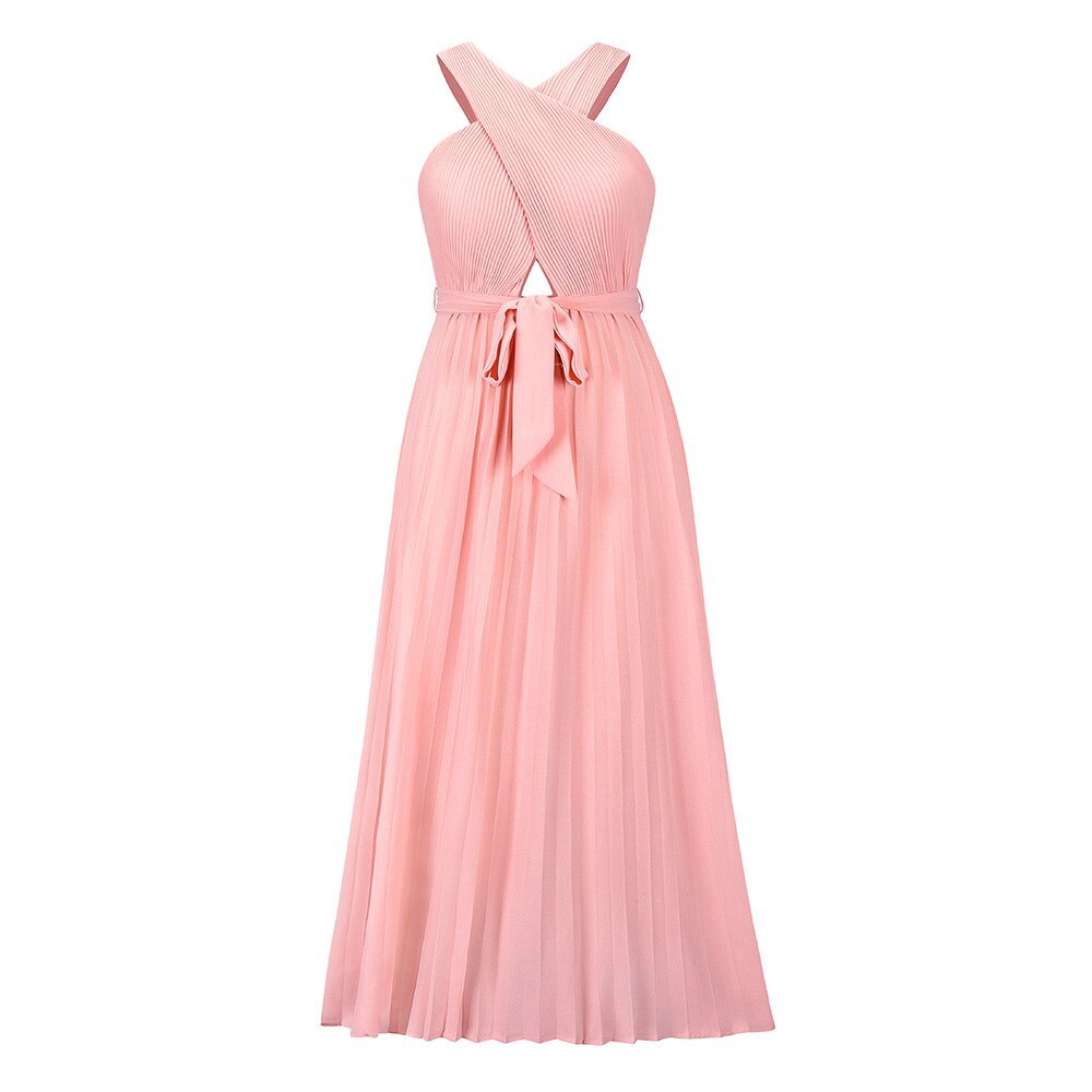 Elegant Solid Sleeveless Chiffon Long Women Summer Pleated Dresses 2022 New Chic Ladie Party Evening Dress