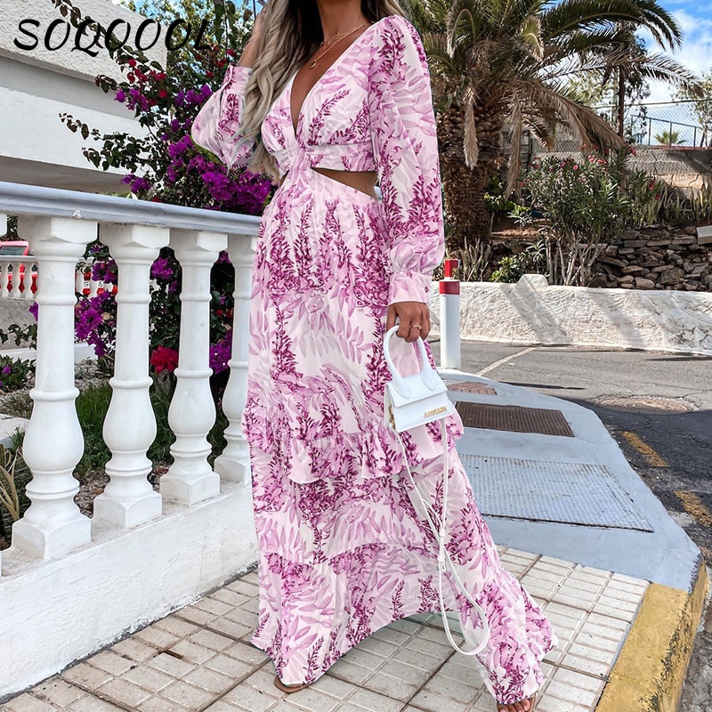 Bohemia Floral Long Dress Women Elgeant Summer 2022 Sexy V-Neck Backless Hollow Holiday Party Club Beach Maxi Dresses Vintage