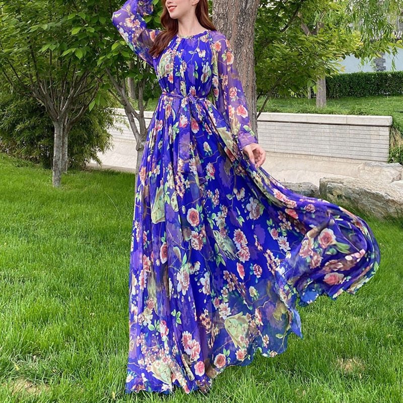 Maxi2 Dress Floral Printed  Loose Chiffon Fashion Abaya Islamic Clothes Muslim Female Saudi Arabia Dubai Kaftan Long Dress Summer