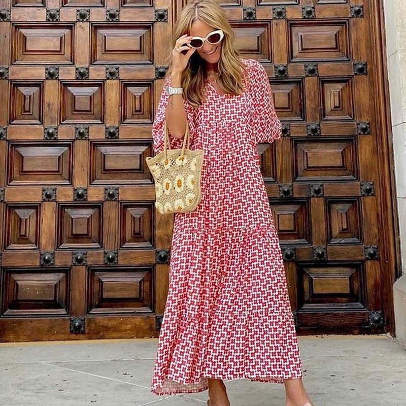Boho Loose Maxi Dress Women Elegant Summer 2022 Geometric Ankle-length V-Neck Puff Sleeve Holiday Beach Dresses Party Vestidos