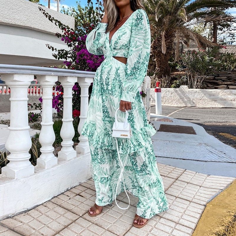 Bohemia Floral Long Dress Women Elgeant Summer 2022 Sexy V-Neck Backless Hollow Holiday Party Club Beach Maxi Dresses Vintage