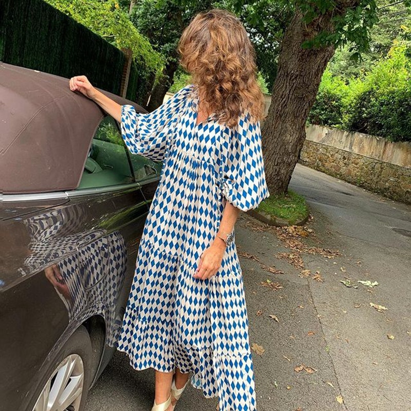 Boho Loose Maxi Dress Women Elegant Summer 2022 Geometric Ankle-length V-Neck Puff Sleeve Holiday Beach Dresses Party Vestidos