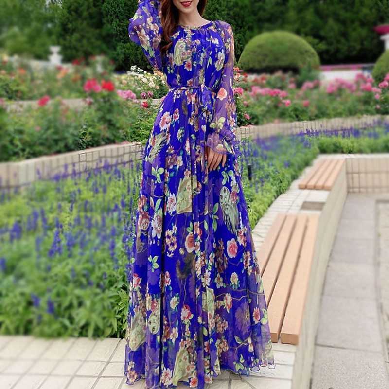 Maxi2 Dress Floral Printed  Loose Chiffon Fashion Abaya Islamic Clothes Muslim Female Saudi Arabia Dubai Kaftan Long Dress Summer