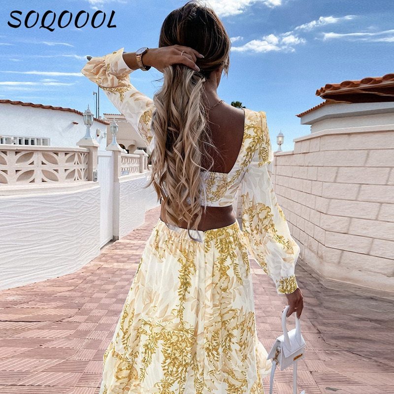 Bohemia Floral Long Dress Women Elgeant Summer 2022 Sexy V-Neck Backless Hollow Holiday Party Club Beach Maxi Dresses Vintage